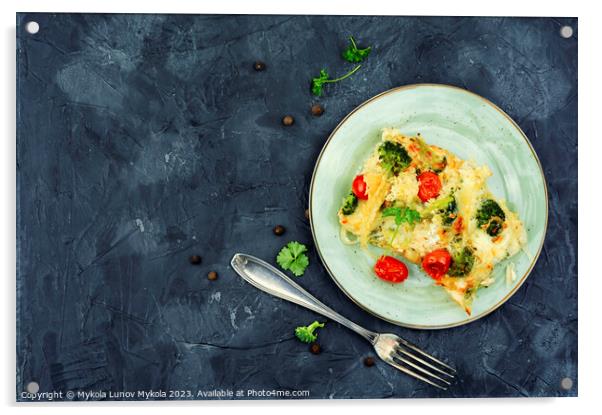 Potato gratin with broccoli, space for text Acrylic by Mykola Lunov Mykola