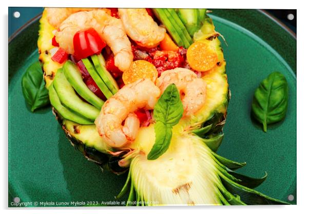 Pineapple stuffed with shrimp, rice and avocado. Acrylic by Mykola Lunov Mykola