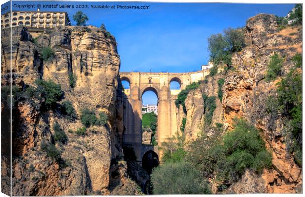 Famous view on the Puente Nuevo in Ronda, cozy historical city in Andalusia, Spain Canvas Print by Kristof Bellens