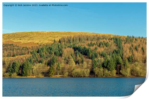 Forest across Ponsticill Reservoir Brecon Beacons Print by Nick Jenkins