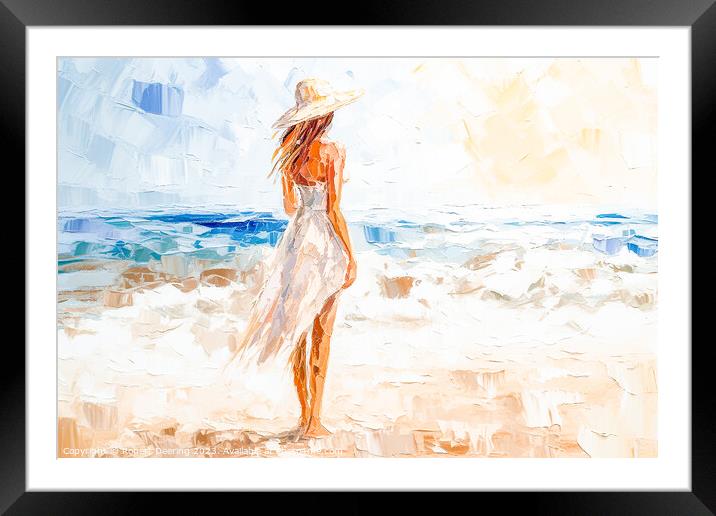 Girl On Beach With Hat Framed Mounted Print by Robert Deering