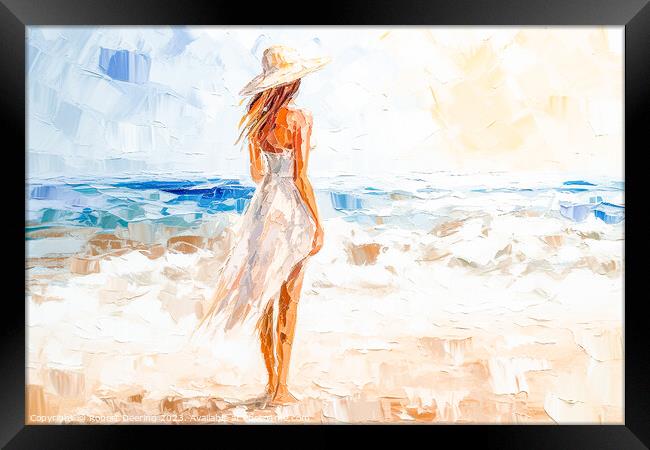 Girl On Beach With Hat Framed Print by Robert Deering