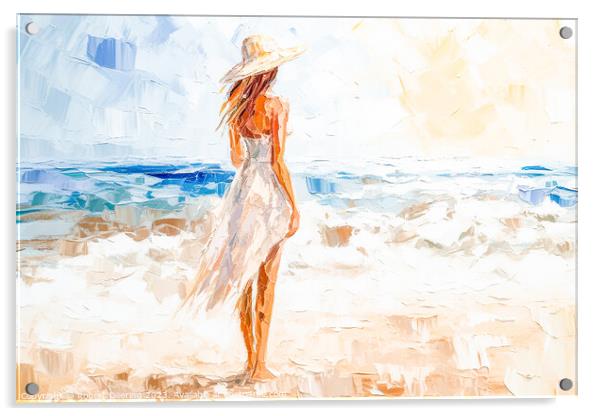 Girl On Beach With Hat Acrylic by Robert Deering