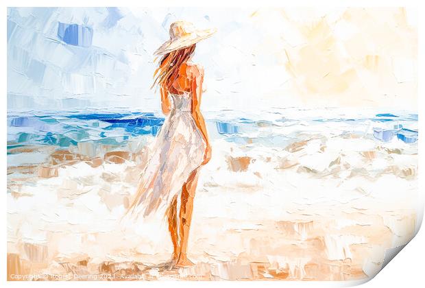 Girl On Beach With Hat Print by Robert Deering