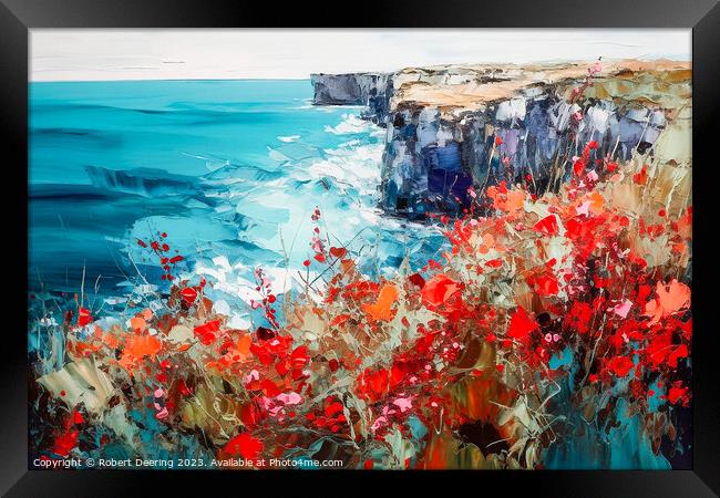 Poppies Wildflowers Cliffs and Sea 2 Framed Print by Robert Deering
