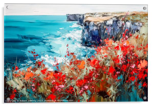 Poppies Wildflowers Cliffs and Sea 2 Acrylic by Robert Deering