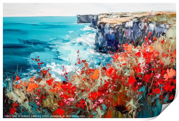 Poppies Wildflowers Cliffs and Sea 2 Print by Robert Deering