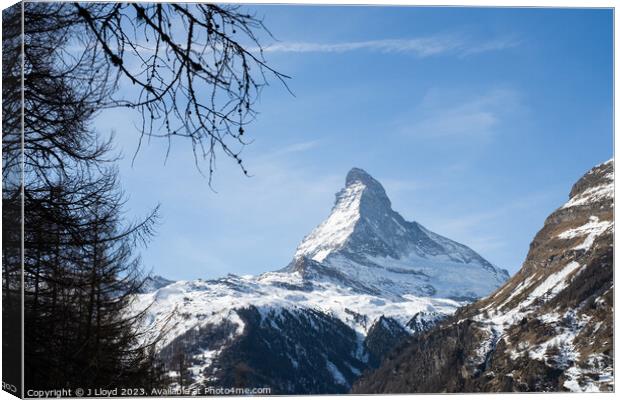 View of the Matterhorn from the hiking trail to Sunnegga, Zermat Canvas Print by J Lloyd