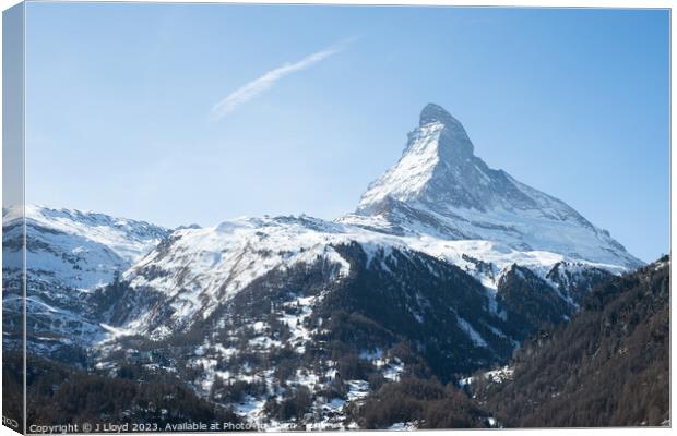 View of the Matterhorn from the hiking trail to Sunnegga from Zermatt, Switzerland. Canvas Print by J Lloyd