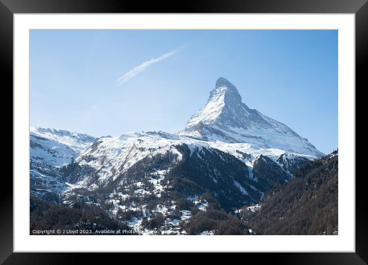 View of the Matterhorn from the hiking trail to Sunnegga from Zermatt, Switzerland. Framed Mounted Print by J Lloyd