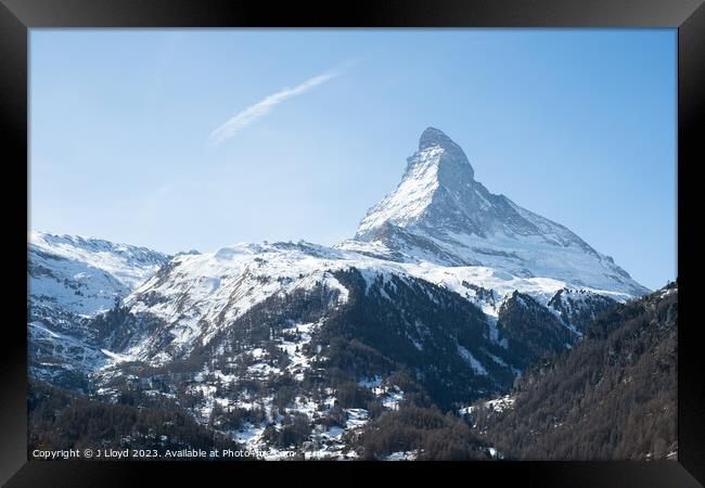 View of the Matterhorn from the hiking trail to Sunnegga from Zermatt, Switzerland. Framed Print by J Lloyd