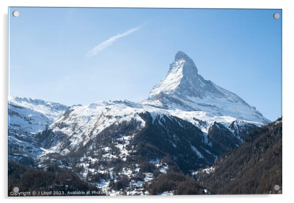 View of the Matterhorn from the hiking trail to Sunnegga from Zermatt, Switzerland. Acrylic by J Lloyd