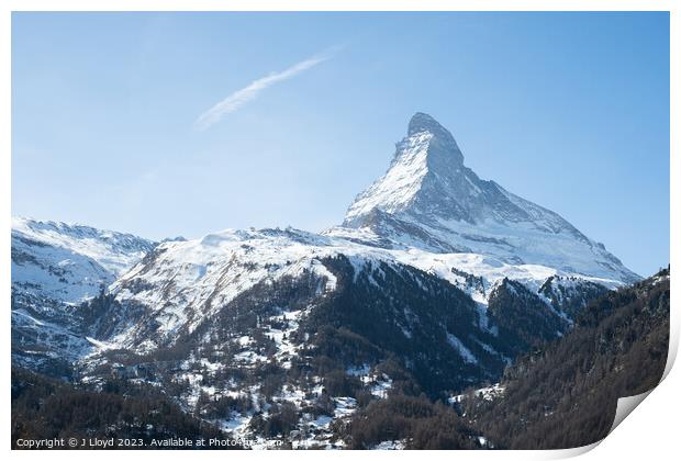 View of the Matterhorn from the hiking trail to Sunnegga from Zermatt, Switzerland. Print by J Lloyd