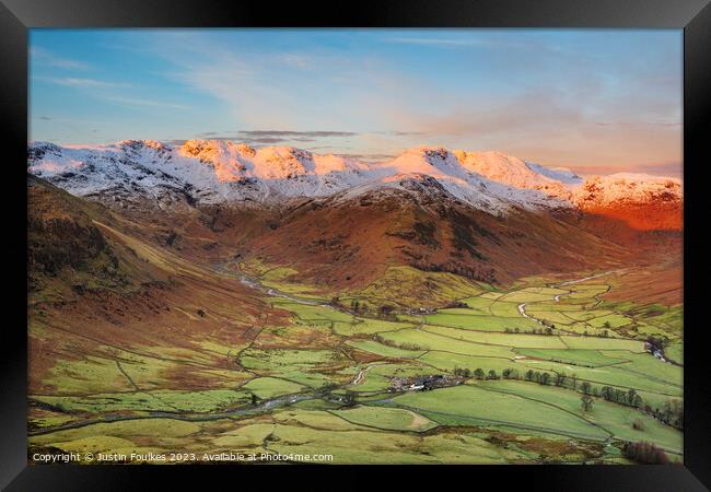 Crinkle Crags and Bowfell, sunrise, Lake District Framed Print by Justin Foulkes