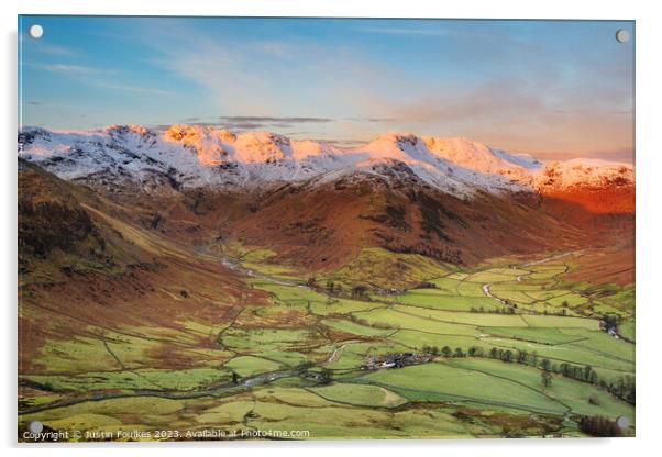 Crinkle Crags and Bowfell, sunrise, Lake District Acrylic by Justin Foulkes