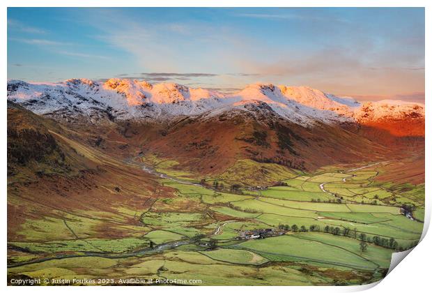 Crinkle Crags and Bowfell, sunrise, Lake District Print by Justin Foulkes