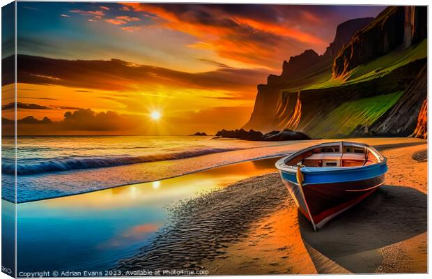 A Small Boat Moored at Sunset Canvas Print by Adrian Evans