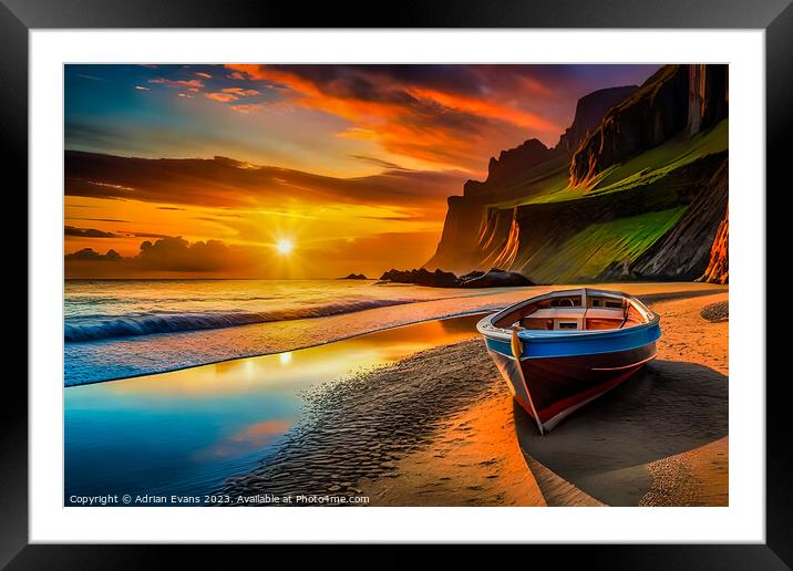 A Small Boat Moored at Sunset Framed Mounted Print by Adrian Evans