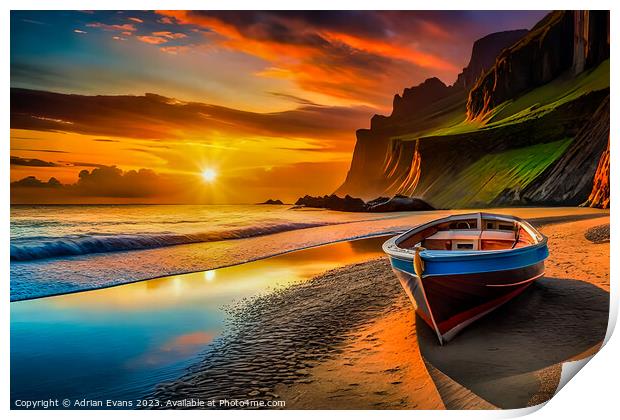 A Small Boat Moored at Sunset Print by Adrian Evans