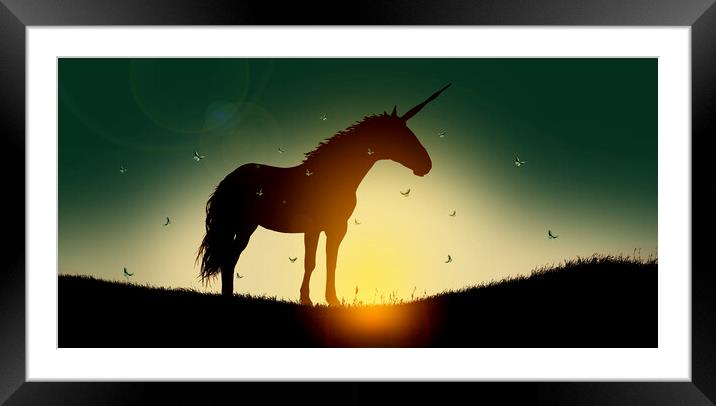 Silhouette of unicorn at sunset surrounded by fairy butterflies Framed Mounted Print by Guido Parmiggiani