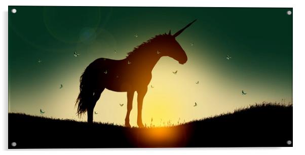 Silhouette of unicorn at sunset surrounded by fairy butterflies Acrylic by Guido Parmiggiani