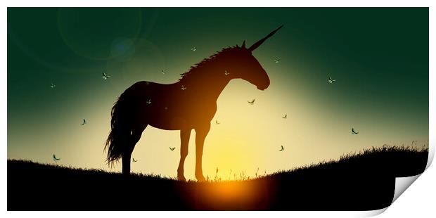 Silhouette of unicorn at sunset surrounded by fairy butterflies Print by Guido Parmiggiani