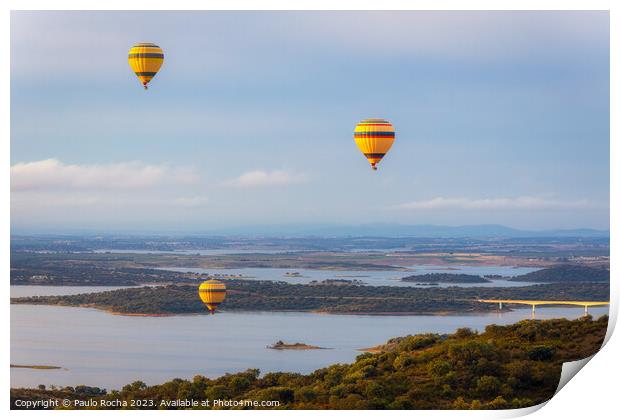 Hot air balloons over the river landscape in Monsaraz, Alentejo, Portugal  Print by Paulo Rocha