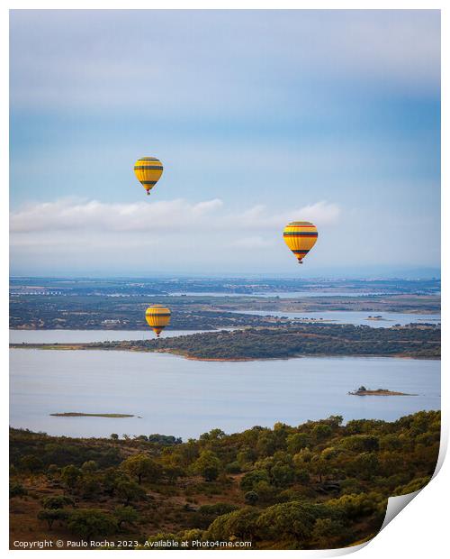 Hot air balloons over the river landscape in Monsaraz, Alentejo, Portugal  Print by Paulo Rocha