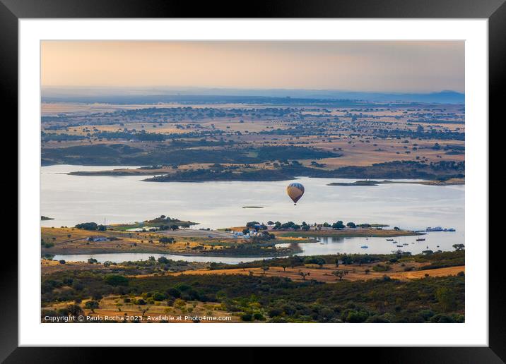 Hot air balloon over Monsaraz river beach, Alentejo, Portugal Framed Mounted Print by Paulo Rocha