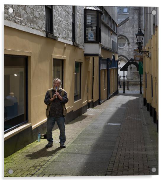 Flautist busking on the streets of Galway Acrylic by Rory Trappe