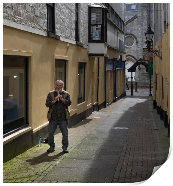 Flautist busking on the streets of Galway Print by Rory Trappe