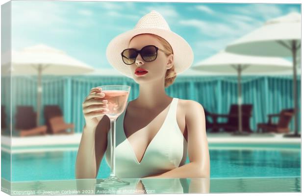 Vintage style woman, with a very elegant swimsuit and hat, has a Canvas Print by Joaquin Corbalan