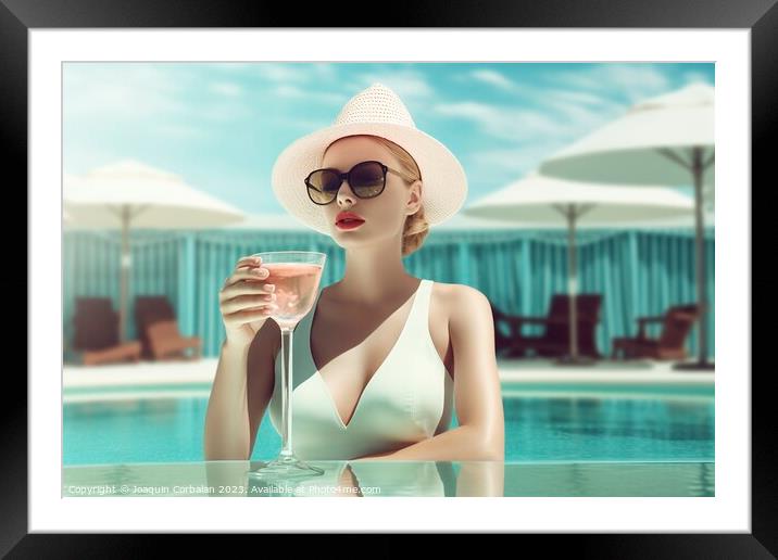 Vintage style woman, with a very elegant swimsuit and hat, has a Framed Mounted Print by Joaquin Corbalan