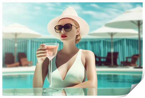 Vintage style woman, with a very elegant swimsuit and hat, has a Print by Joaquin Corbalan