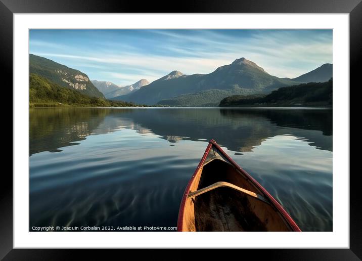 A relaxing canoe ride on the calm waters of a mountain lake, an  Framed Mounted Print by Joaquin Corbalan