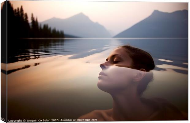 A young girl enjoys a relaxing swim in the lake, at dusk. Ai gen Canvas Print by Joaquin Corbalan