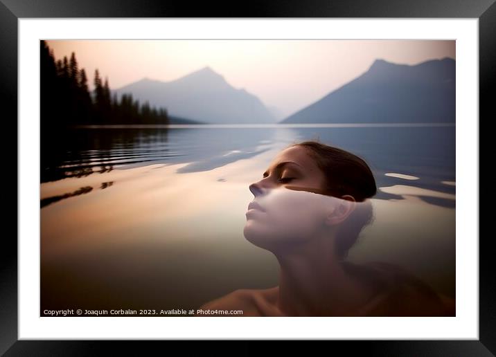 A young girl enjoys a relaxing swim in the lake, at dusk. Ai gen Framed Mounted Print by Joaquin Corbalan