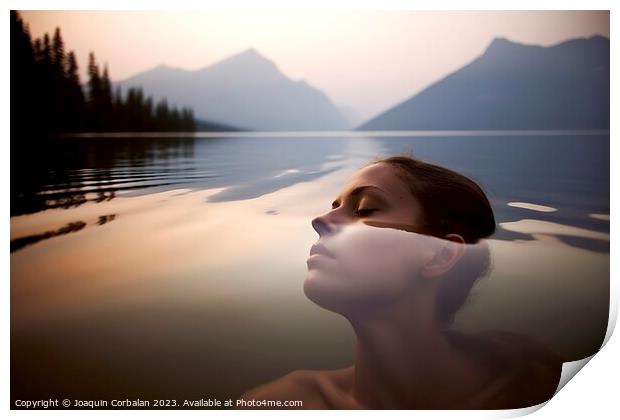 A young girl enjoys a relaxing swim in the lake, at dusk. Ai gen Print by Joaquin Corbalan