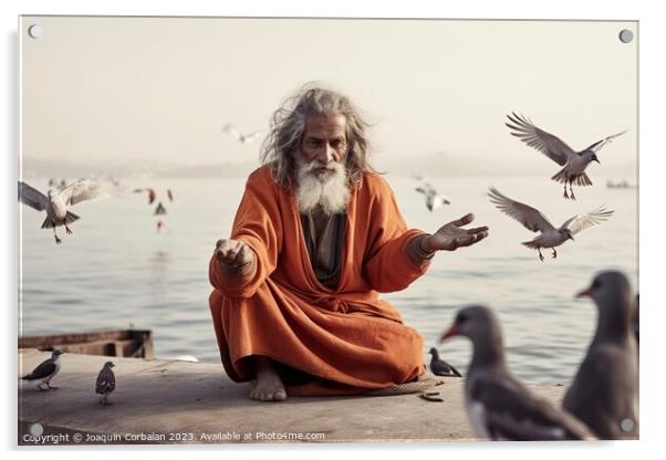 A yogi in an orange robe with a long beard, legs crossed, reflec Acrylic by Joaquin Corbalan
