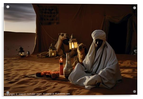 Tuareg rest on the desert sand at dusk. Ai generated. Acrylic by Joaquin Corbalan