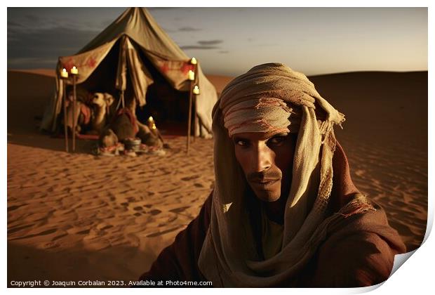 Tuareg rest on the desert sand at dusk. Ai generated. Print by Joaquin Corbalan