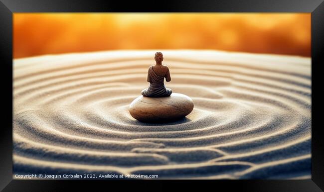 A sculpture with pebbles in a calm lake and a small meditating z Framed Print by Joaquin Corbalan