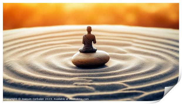 A sculpture with pebbles in a calm lake and a small meditating z Print by Joaquin Corbalan
