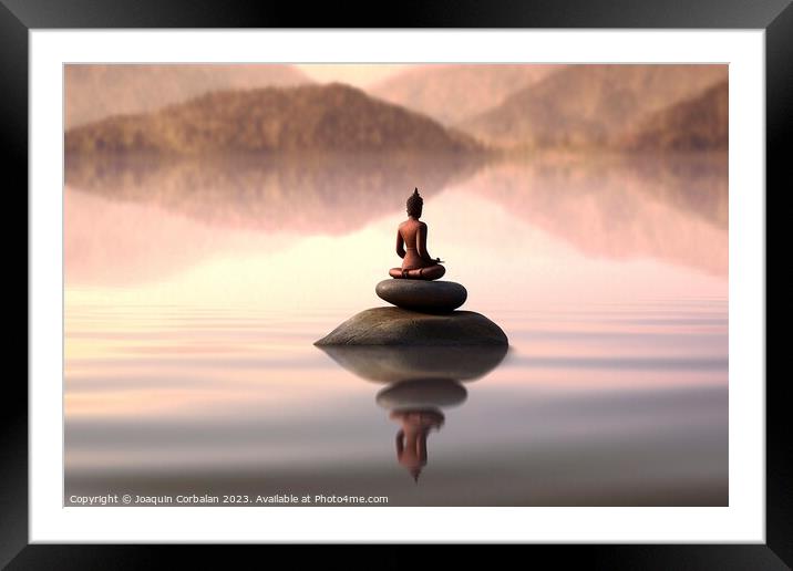 A sculpture with pebbles in a calm lake and a small meditating z Framed Mounted Print by Joaquin Corbalan