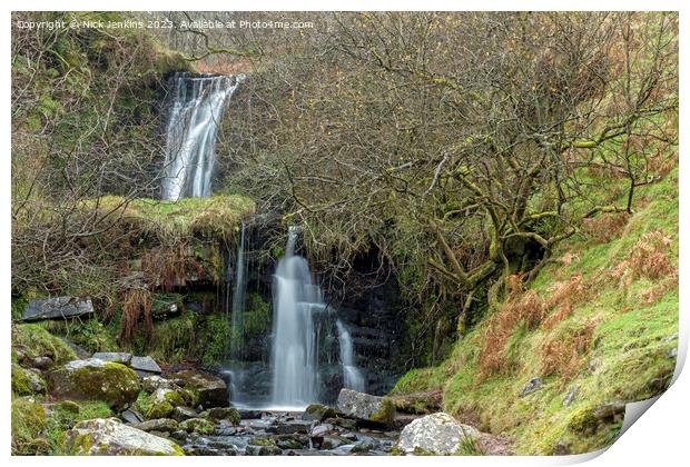 Two close waterfalls Brecon Beacons December  Print by Nick Jenkins