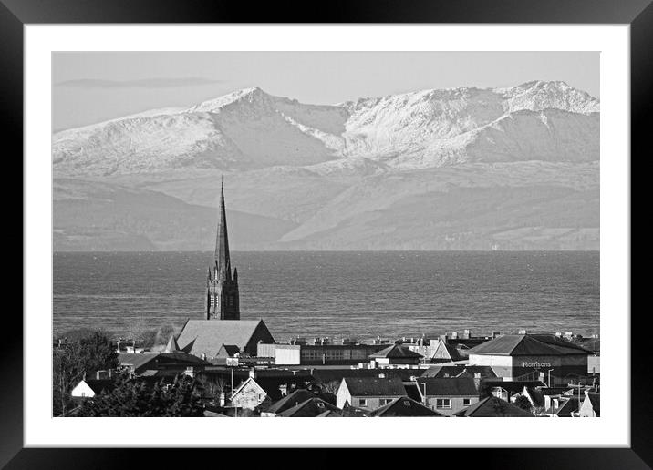 Mountains on Arran and Ayr church steeple Framed Mounted Print by Allan Durward Photography