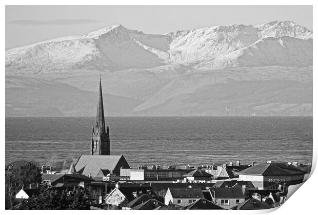 Mountains on Arran and Ayr church steeple Print by Allan Durward Photography