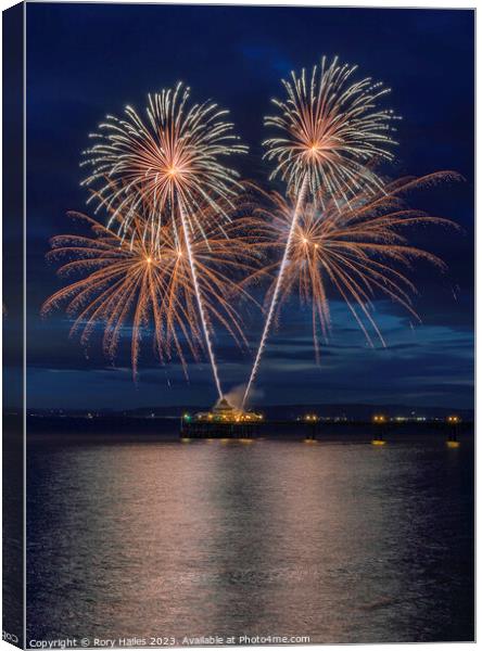 Clevedon Pier Coronation Fireworks on a calm sea Canvas Print by Rory Hailes