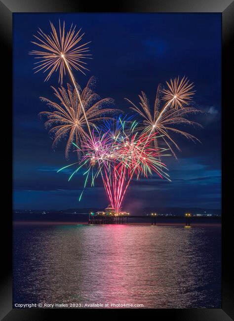 Clevedon Pier Coronation Fireworks on a calm sea Framed Print by Rory Hailes