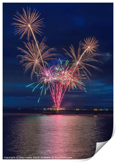 Clevedon Pier Coronation Fireworks on a calm sea Print by Rory Hailes